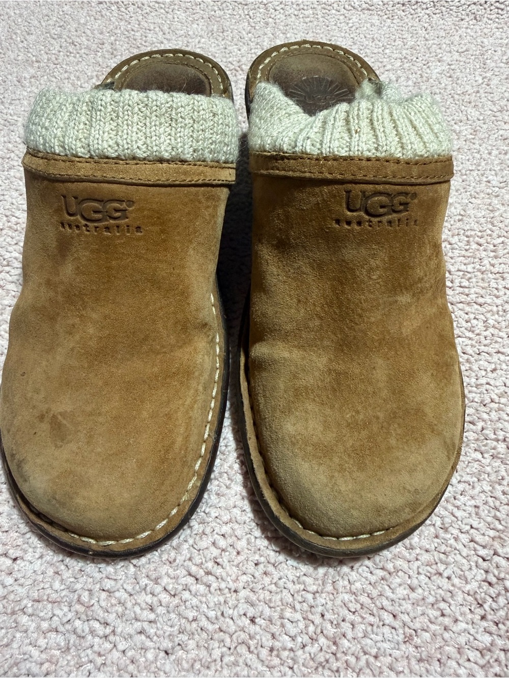 UGG  Chestnut Suede Slip-On Clog with Cream Knit Collar